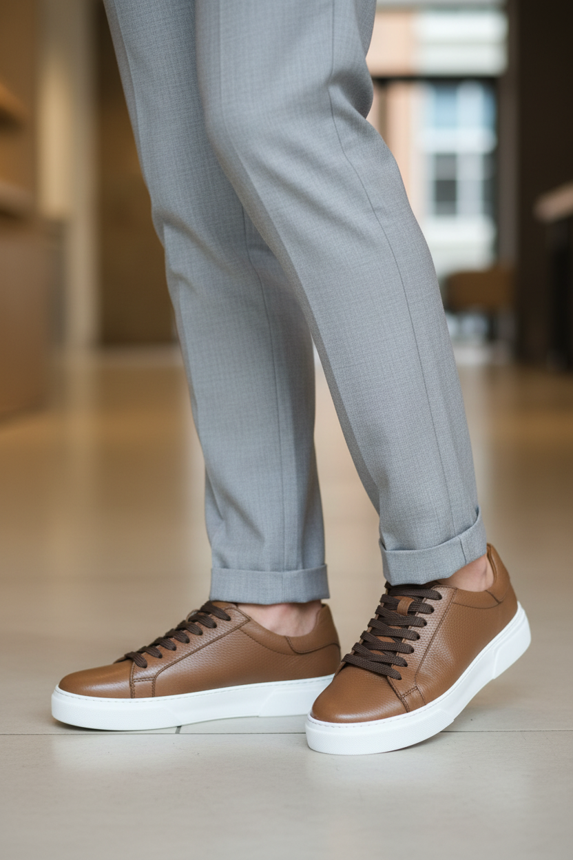 Taba Erkek Deri Sneaker kumaş pantolon