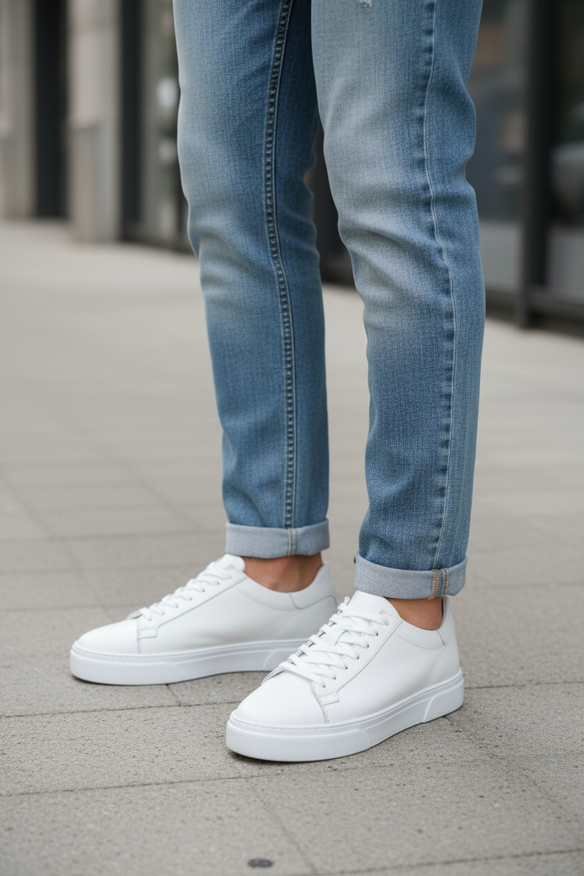 Beyaz Erkek Deri Sneaker kot pantolon